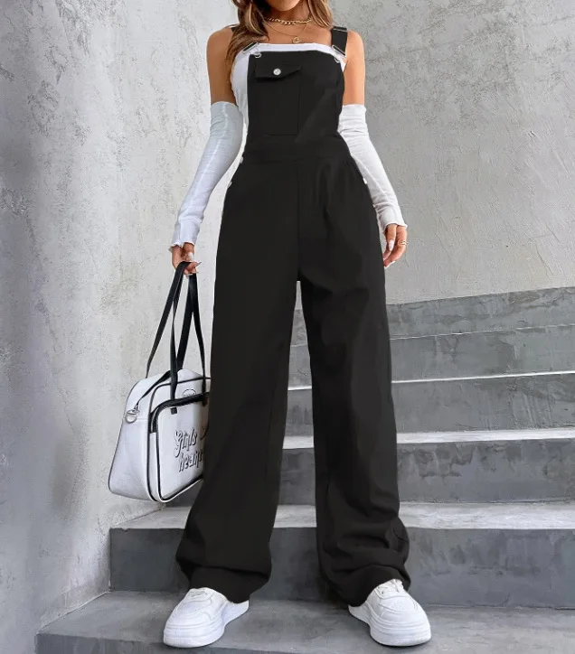 Retro Pocket Solid Color Straight Leg Utility Overalls Loose Fashion Casual Pants