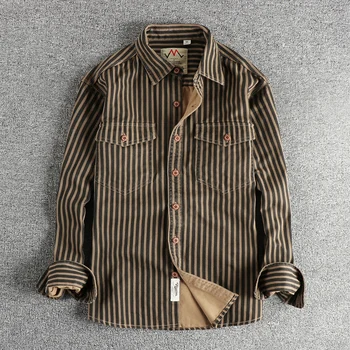 2025 Autumn And Winter New American Retro Stripe Long-Sleeve Lapel Shirt Men's Simple Fashion Washed Multi-pocket Casual Blouses 1