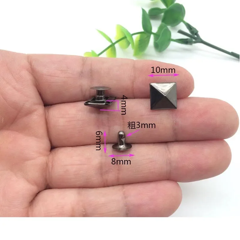 100개/배치 10mm 피라미드 사각 베이스 네일 펑크 의류 리벳 캡 스터드 캡 가죽 공예 리벳 액세서리