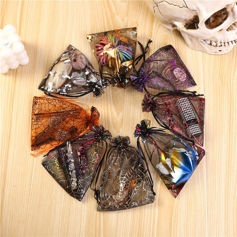 100pcs/lot 13x18cm Organza Halloween Gift Bags Pumpkin Lantern Spider Web Printing Drawable Pouch Sachet Bag