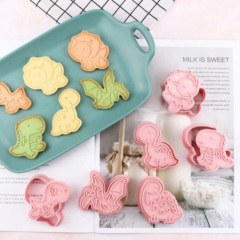 

6Pcs/set Cookie Cutters Plastic 3D Dinosaur Shape Cartoon Pressable Biscuit Mold Cookie Stamp Kitchen Baking Pastry Bakeware