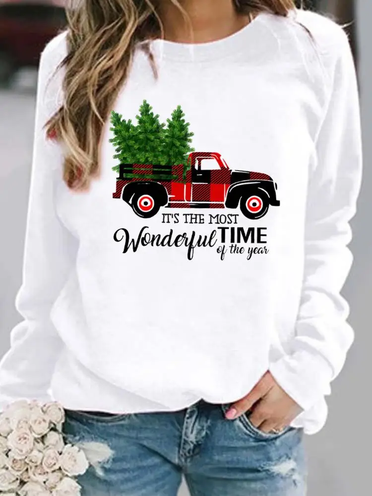 

Plaid Truck Letter Style Merry Christmas Clothing New Year Women O-neck Ladies Fleece Pullovers Casual Graphic Sweatshirts