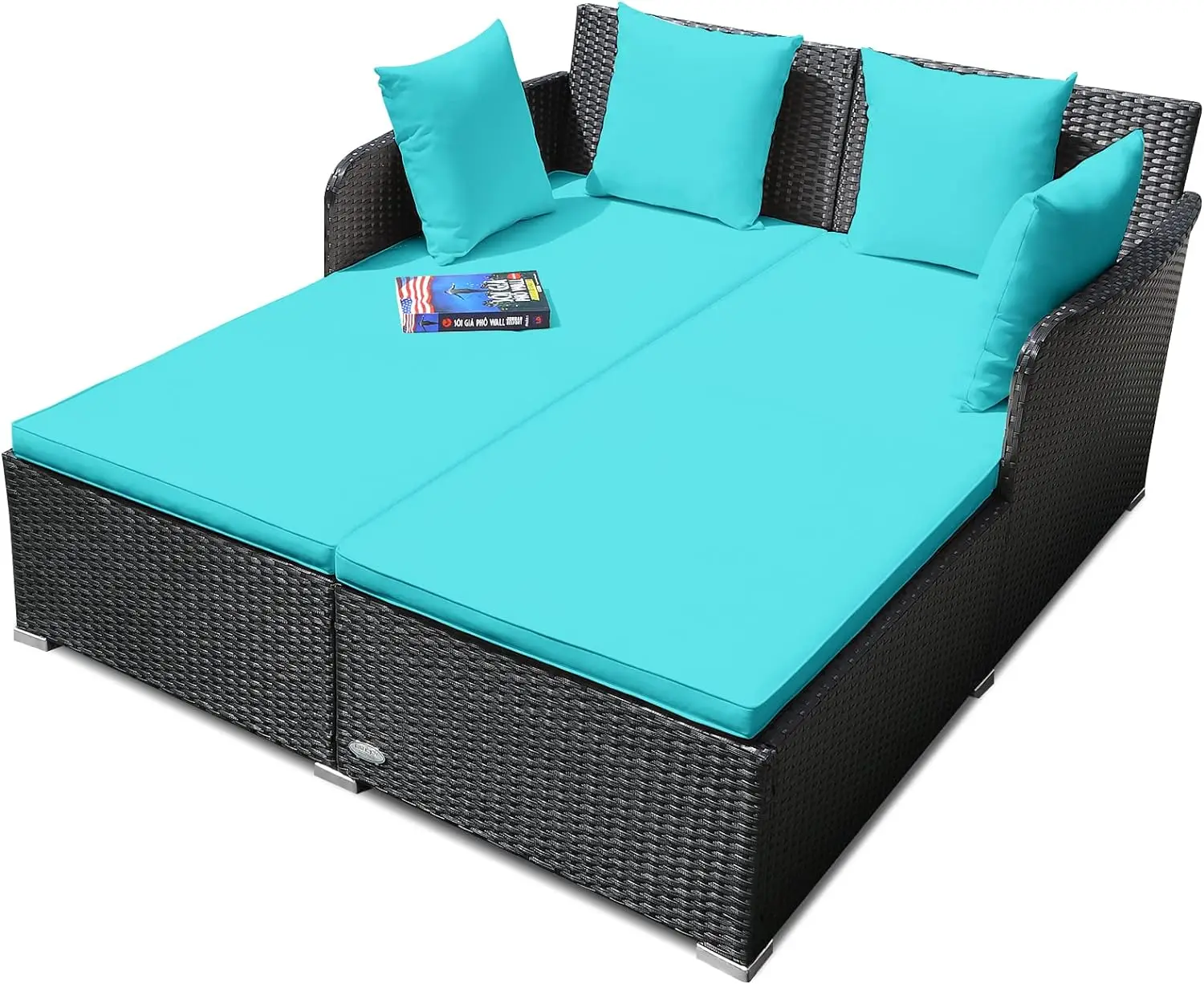 

Outdoor Rattan Daybed, Patio Loveseat Sofa Set w/Comfortable Cushions Extra Pillows & Metal Foot, Sunbed Wicker Furniture
