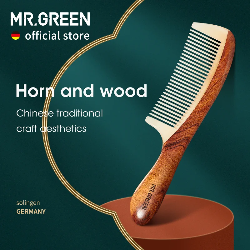 Comb Natural MR.GREEN Wood With Horn Splicing Structure Fine Tooth Hair Comb Anti-Static Head acupuncture_voghion.com