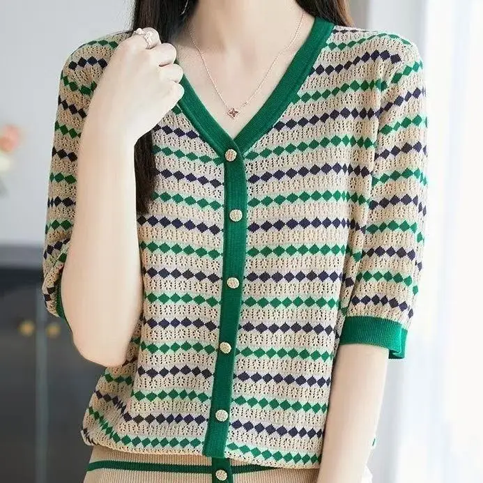Outlet V-ne Stripe ort Sve Women's Summer Ice Silk Knitted Top Casual Loose Fit Bright Tead Soft Polyester Fiber