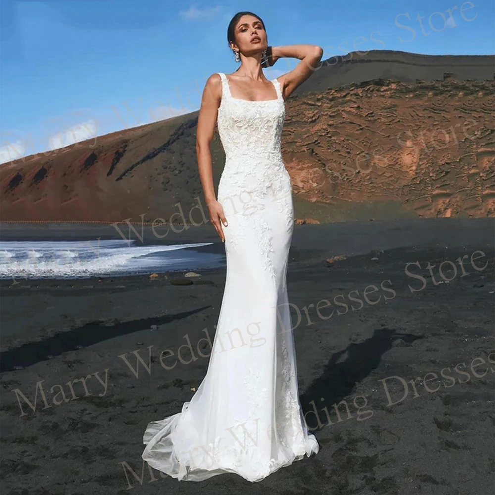 

Graceful Mermaid Sexy Square Collar Wedding Dresses Vintage Lace Appliques Sleeveless Backless Bride Gowns Floor Length Vestidos