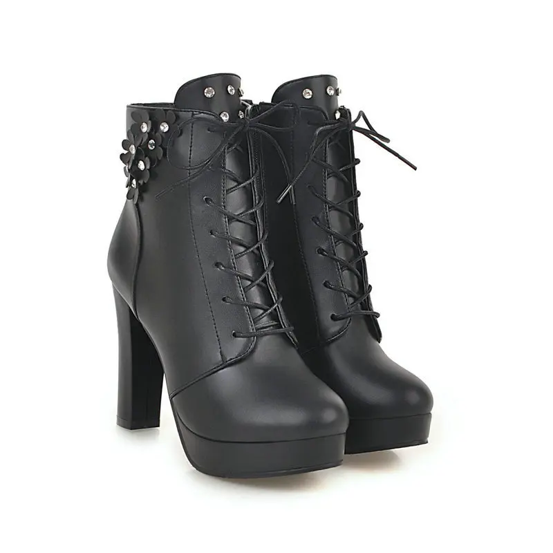 Women Ankle Boots Autumn Winter Round Toe Lace Up Chunky High Heel Shoes Platform Knight Short Boots Side Zipper Size 33-43