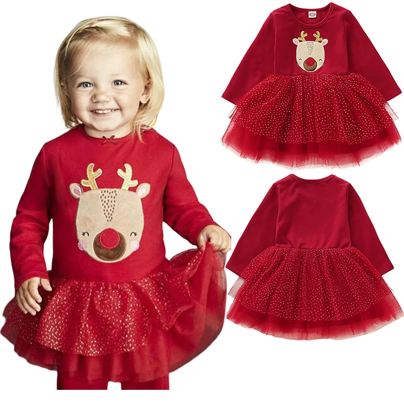 

Christmas Newborn Infant Baby Girls Red Dress Cartoon Elk Pattern Tutu Party Dress For Baby Girl Long Sleeve Xmas Costumes