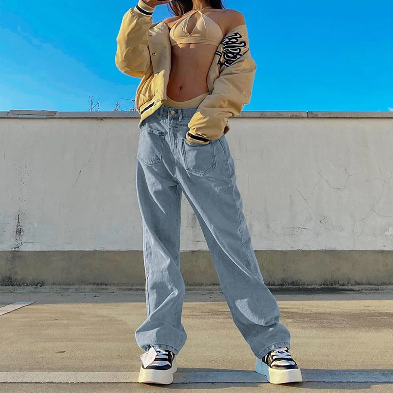 Women's Casual Wide Leg Long Front Pockets Light Blue Denim Pants 2024 Baggy Jeans New High Waist Loose Pants Streetwear Female