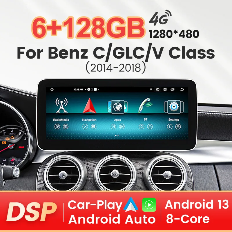 NaviFly MN-X 무선 카플레이 자동차 라디오 멀티미디어, 메르세데스 벤츠 C / GLC / V 클래스 W205 X253, 안드로이드 오토 4G LTE 6G 128G GPS