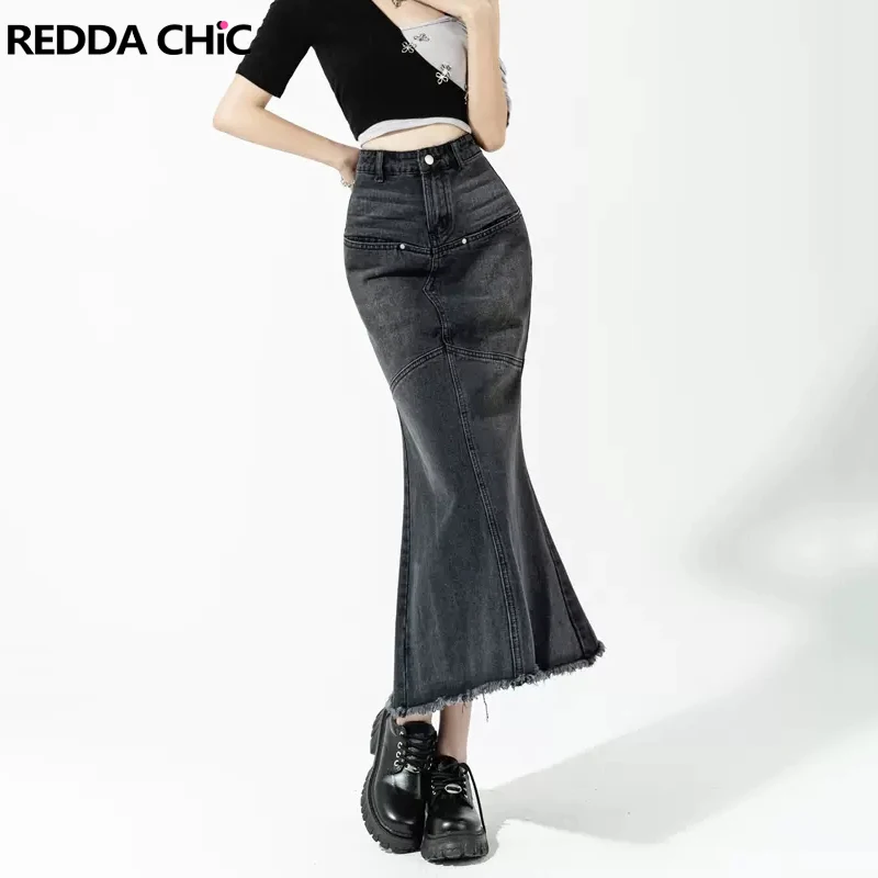 

ReddaChic Ruffled Women Casual Fishtail Mermaid Skirt High Waist Midi Long Black Jeans Denim Skirt Grayu Harajuku Acubi Fashion