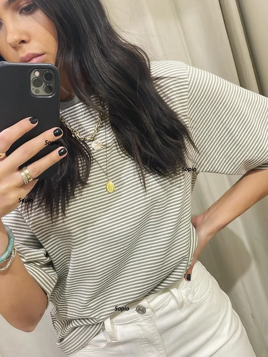 

New Classic Striped T-shirt Women 2024 Summer Vintage O Neck Short Sleeve Contrast T Shirts Casual Fashion Embroidered Tees Tops