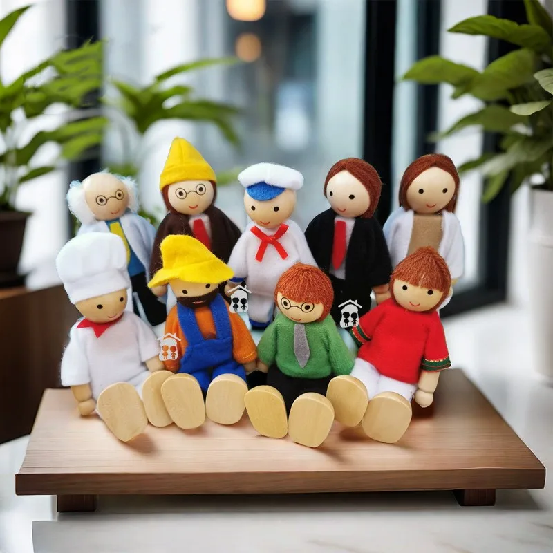 Action Figures Toys Mini Figure Toys Mini Dolls Toys Family Dolls Set Profession Wooden Doll Miniature Toy Firefighter Cook Teacher Wood Doll Kids House Play Toys