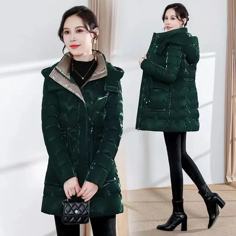 

2023 Winter Cotton Coat Women's Pearlescent Shiny Face Mid length Fashion Foreigner Free Wash Thickened Waist Slim Fit Versatile