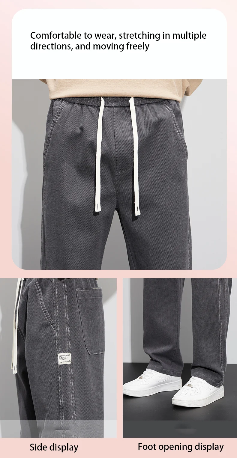 2023 Men's imitate  Jeans Soft And Slightly Elastic Regular Straight Tube Diagonal Pockets Loose Pants  Drawstring Elastic Waist