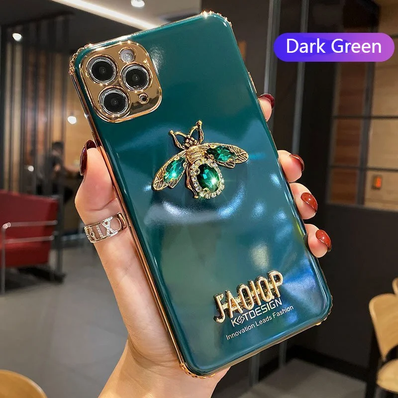 Luxury Glitter Rhinestone Bee Phone Case For iPhone 11 12 13 14 15 16 ProMax Plating Silicone Bling For iphone16plus soft Cover