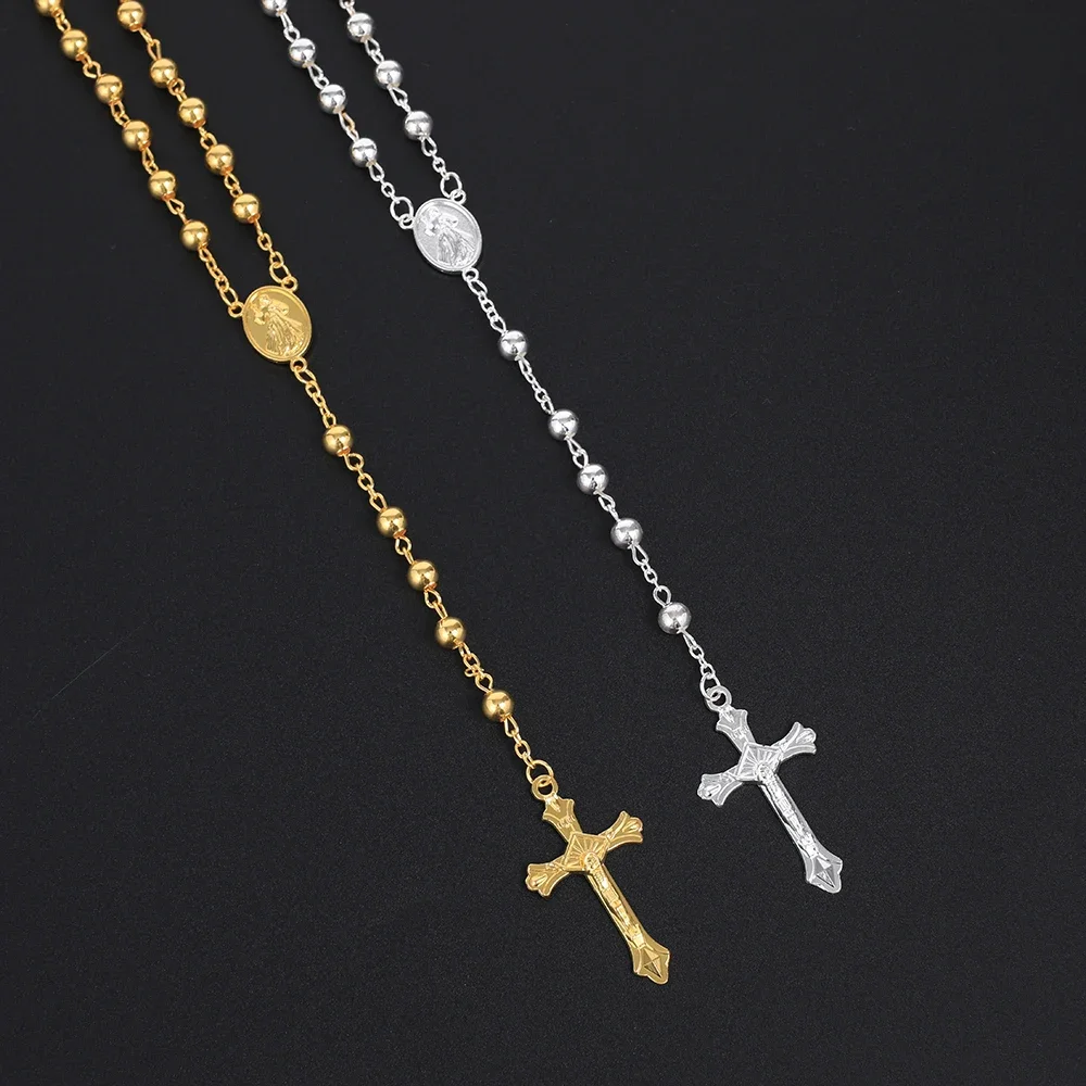 6MM Rosenkranz Halsketten Für Frauen Männer Lange Gold Silber Farbe Kette Kruzifix Kreuz Anhänger Halskette Religiöse Gebet Schmuck Geschenk