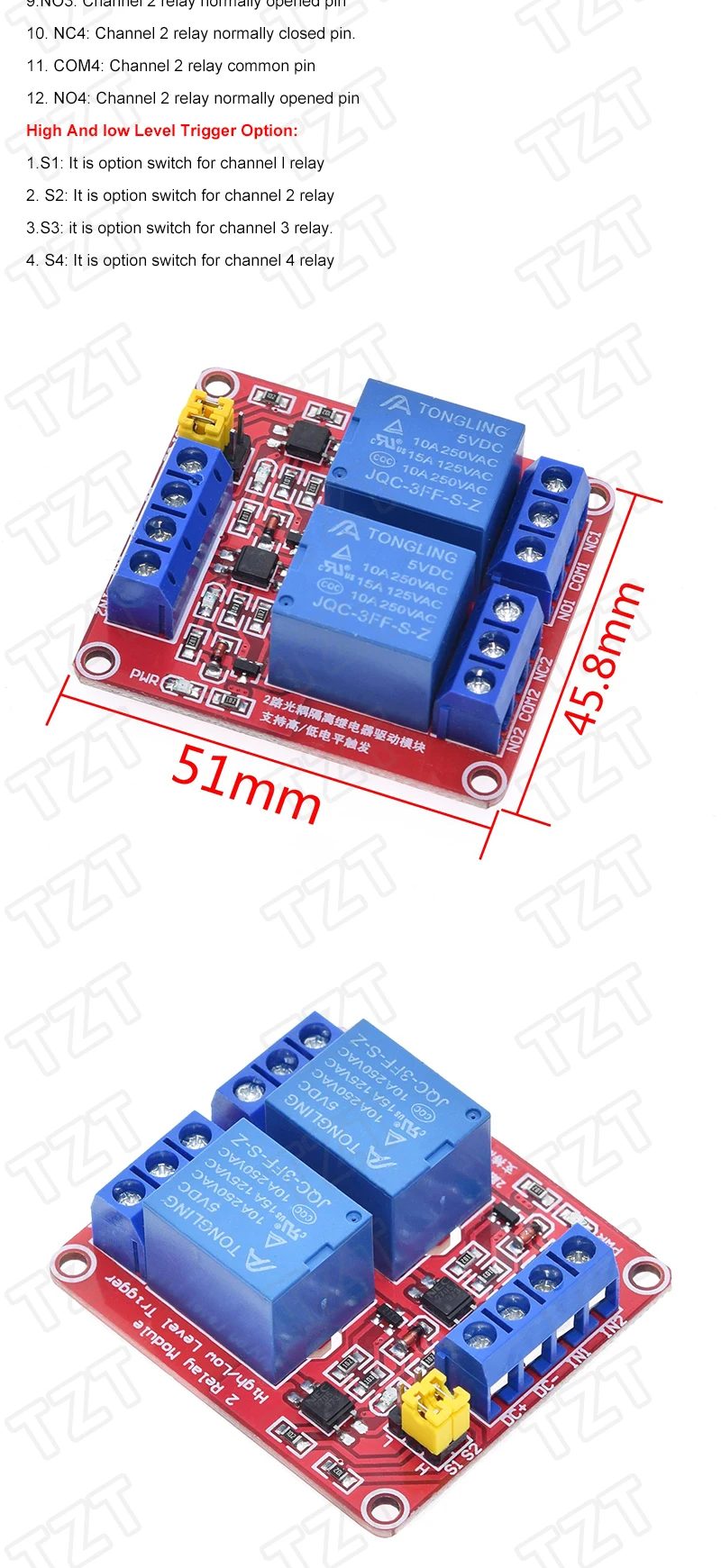 Hoch-/Niederpegel-Trigger-Relaismodul TZT 1/2/4/6/8 Kanal 5V 12V 24V Heimsteuerungsmodul, mit Optokoppler-Isolationsausgang – Detail 6