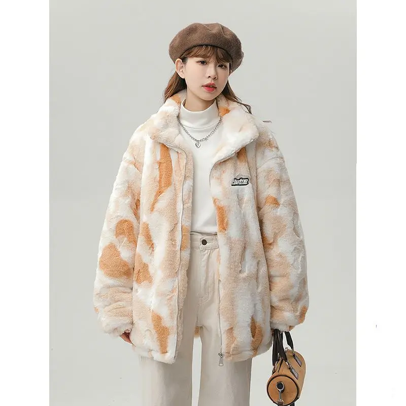 Lamb Wool Jacket Women Vintage Autumn Winter Faux Fur Jacket Streetwear Tie-dye Zipper Parkas Oversized Warm Korean Coat New