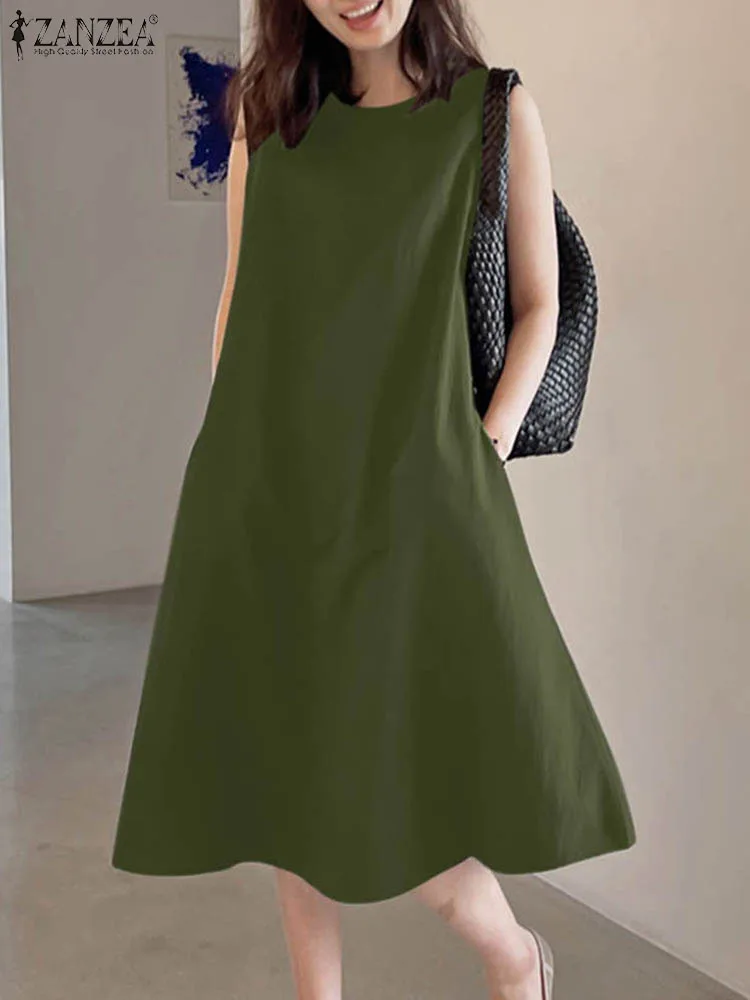 

ZANZEA Fashion Solid Sundress Summer Casual Tank Dress Woman Sleeveless O-Neck Vestidos Femme Vintage Robe Elegant Loose Dresses