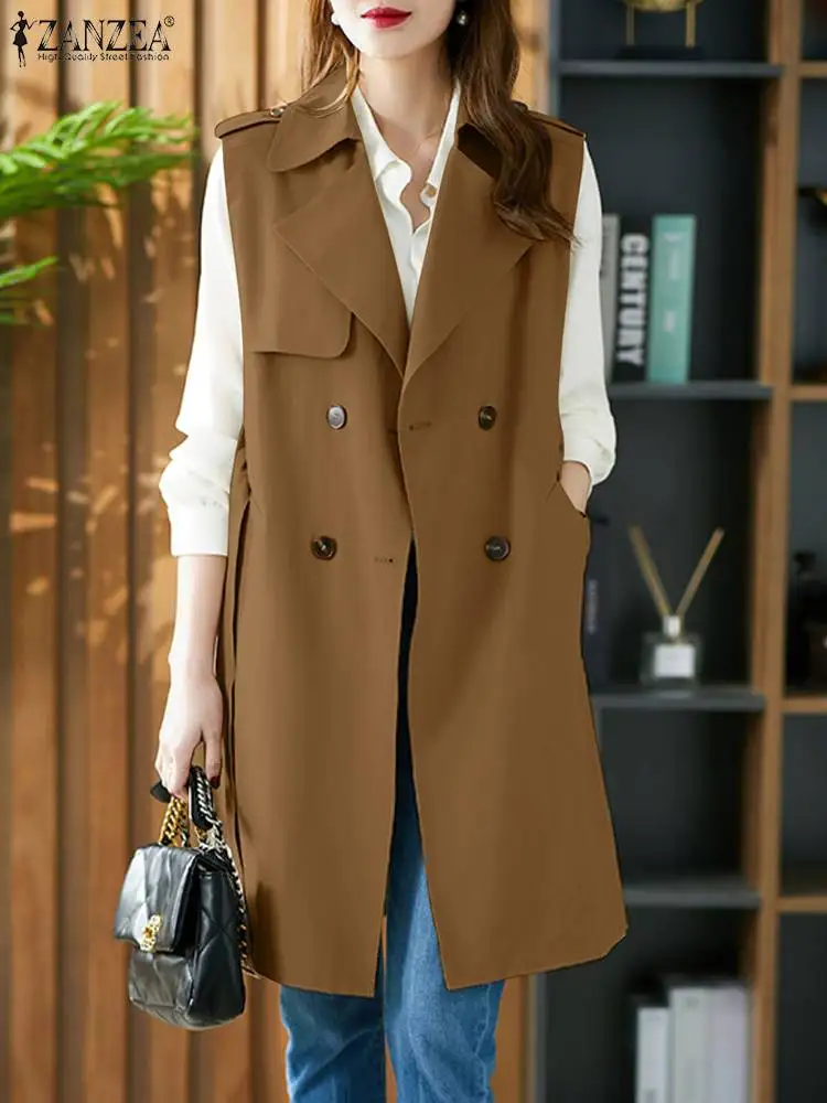 

ZANZEA 2024 Spring Buttons Pocket Outwear Women Sleeveless Windbreaker Elegant Lapel Collar Waistcoat Casual Belted Long Coat