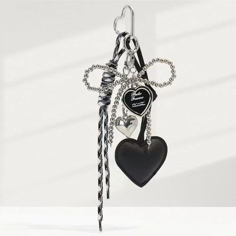 Trendy Leather Heart Bow Keychain Beaded Keyring Car Key Holder Bag Pendant Decoration for Girls Gift Purse Accessories