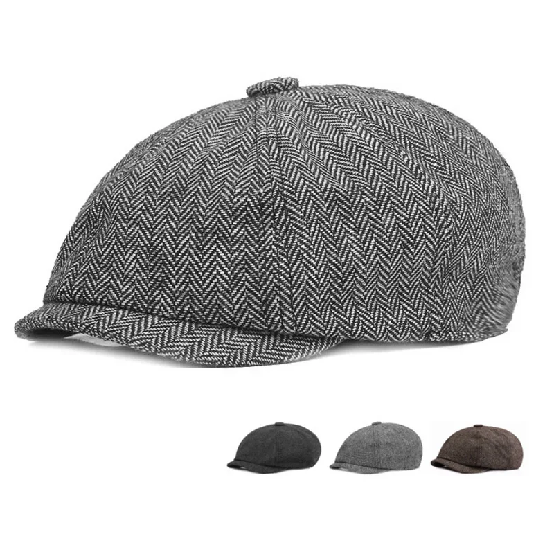Beret Hat Men Retro Octagonal British Painters Autumn Winter Herringbone Flat Hip Hop
