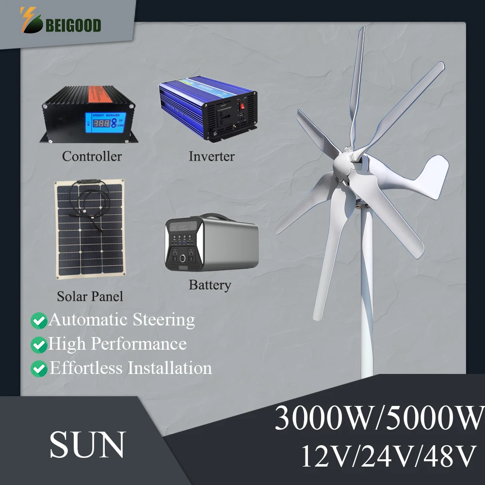 

Wind Turbine Generator 3000W 5000W 12V 24V 48V 6 Blades With MPPT Controller System Portable Windmills Renewable Energy