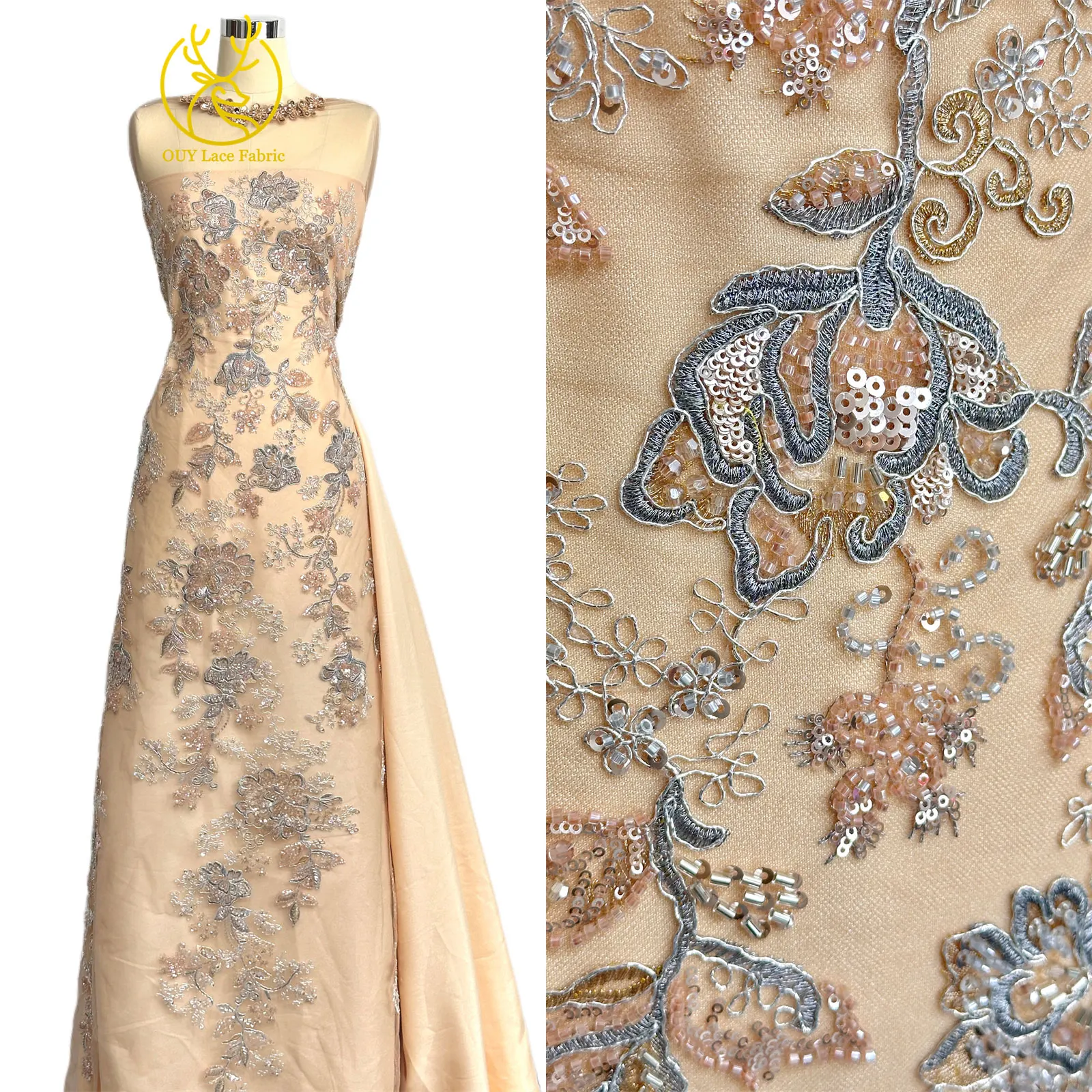 Tessuto in Pizzo Ricamato a Mano di Alta Qualità con Fiori e Perline, Tessuto in Pizzo Africano con Paillettes per Abiti da Sposa - immagine 3