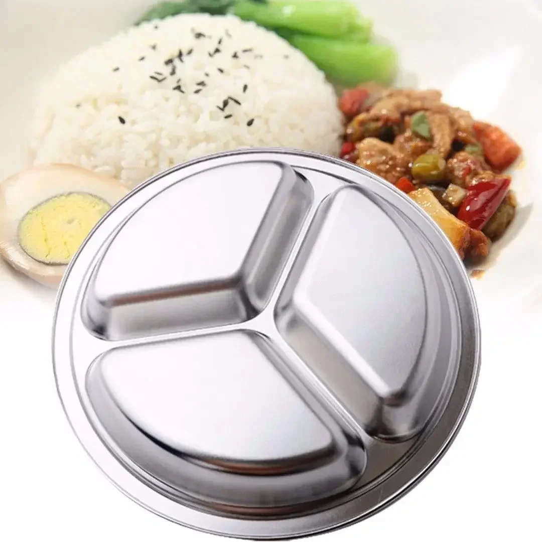 Dish Dinner Plate 1pcs Silver Stainless Steel 3 Sections Round Divided 22cm 24cm 26cm Snack Set Useful Practical stainless steel plates