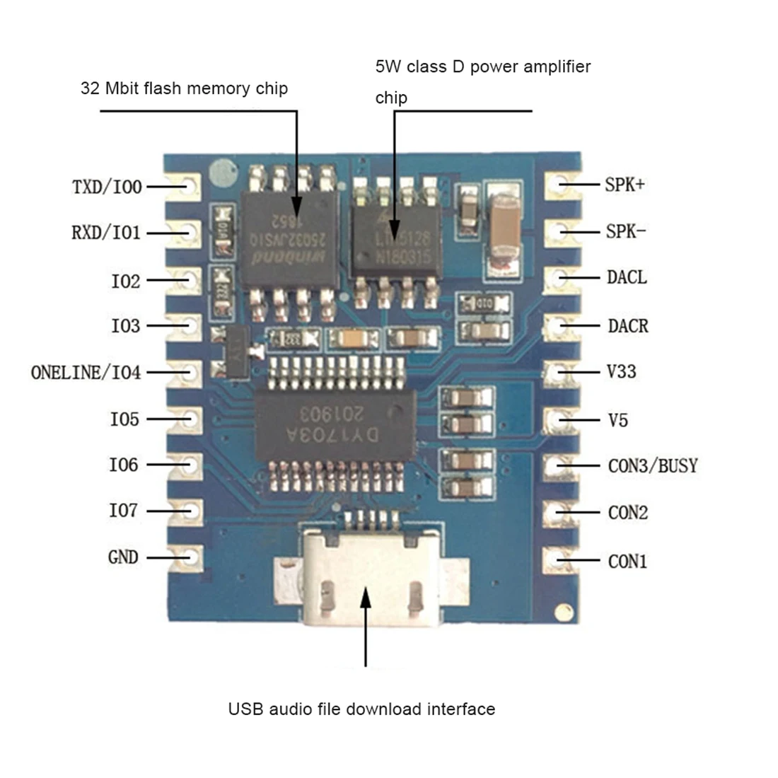 Voice Playback Module Board MP3 Music Player 5W MP3 Playback Serial Control for Arduino DY-SV17F