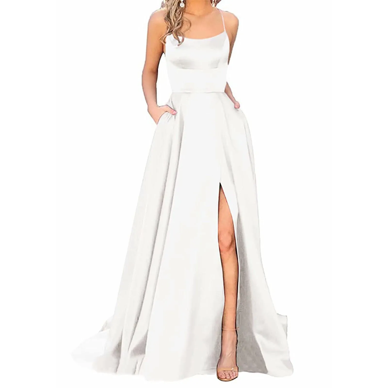 

Women A Line Spaghetti Straps Satin Prom Gowns Formal Vestido Sexy Backless Long Evening Prom Dress Purple Side Slipt Maxi Dress