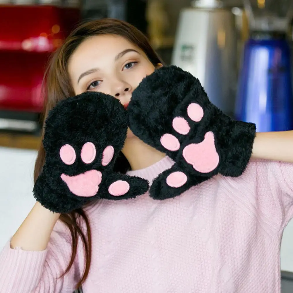 1 Pair Women Winter Mittens Cartoon Cat Paw Shape Thick Plush Gloves Heat Retention Outdoor Skiing Cycling Gloves