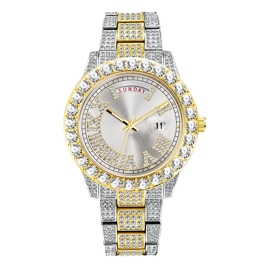 

Fashion full rhinestone hip-hop diamond water ghost week calendar men's watch