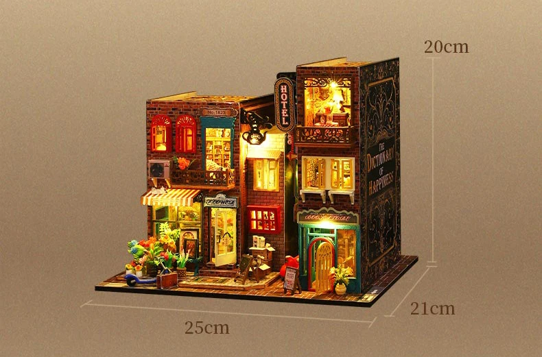 Kit Casa Delle Bambole In Miniatura DAJASD, Fai Da Te, In Legno, Con Mobili E Luci A LED, Fermalibri, 18,5x11x27,5 Cm