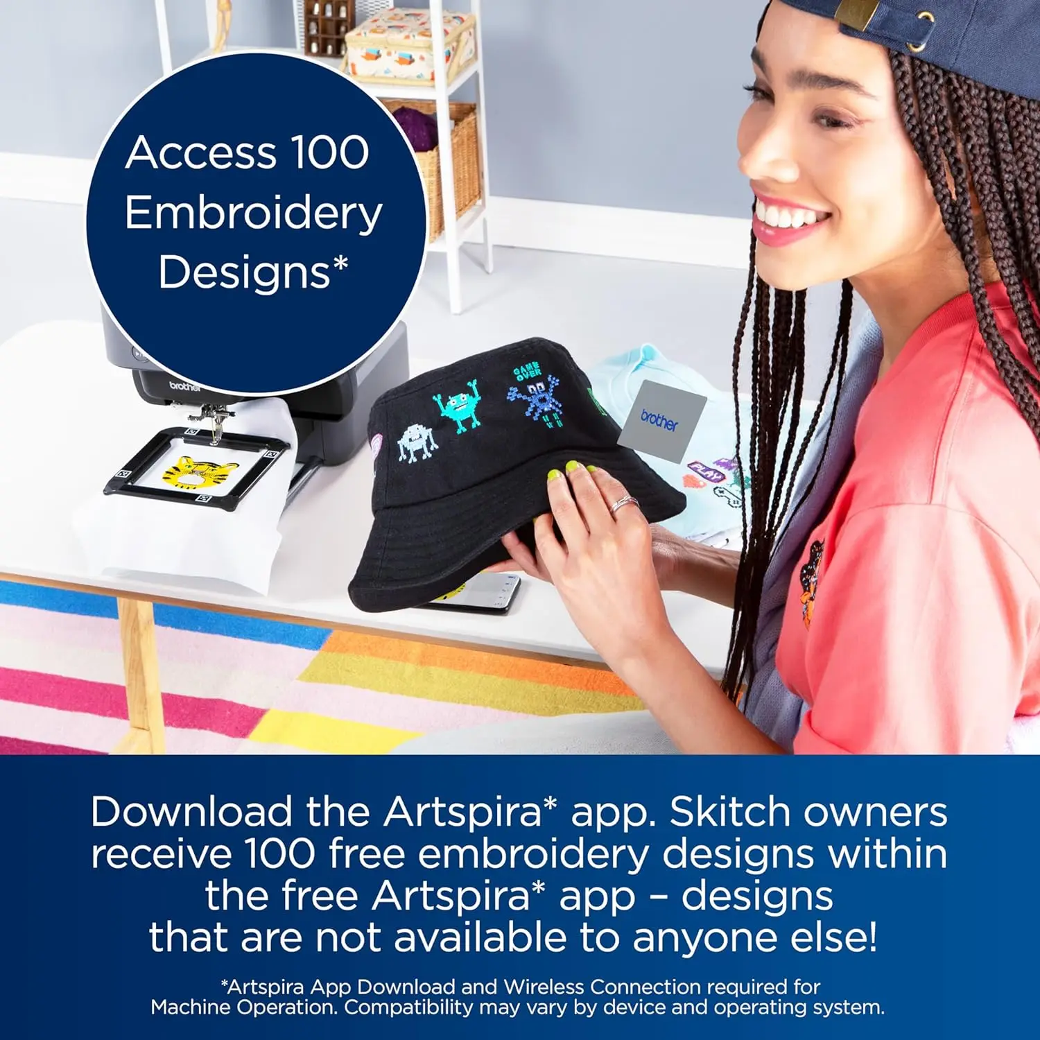 Skitch Single-Needle Embroidery Machine Powered by Artspira 4&rdquo; x 4&rdquo; Embroidery Area Bluetooth Connected
