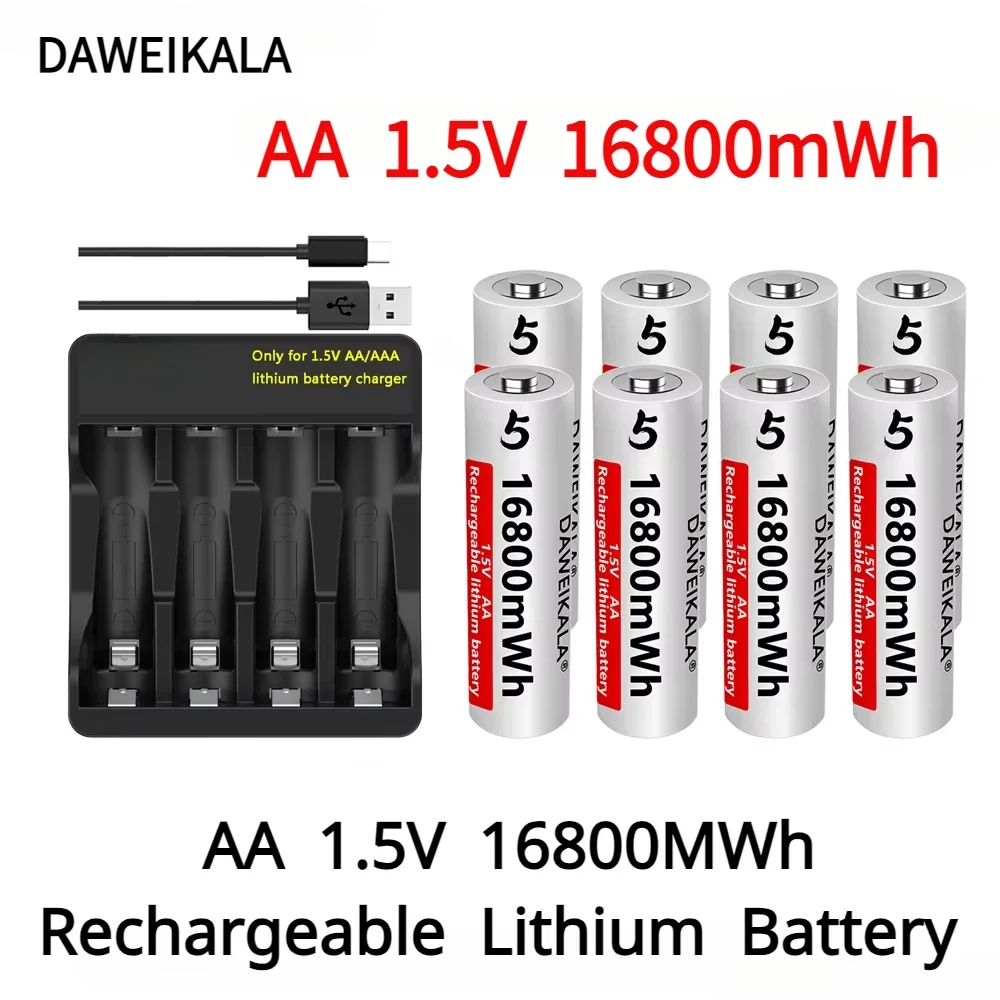2024 New AA 1.5V 16800MWh Rechargeable Lithium ion Battery for Remote Control Mouse Fan Electric Toys+Charger 1