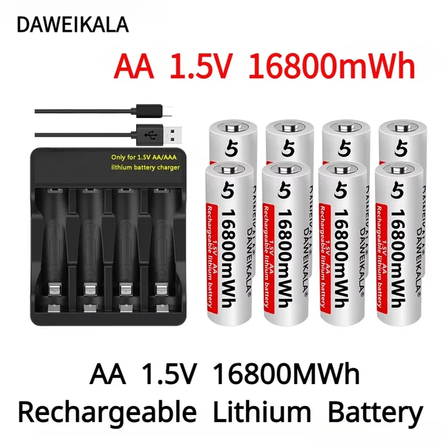 2024 New AA 1.5V 16800MWh Rechargeable Lithium ion Battery for Remote Control Mouse Fan Electric Toys+Charger 1