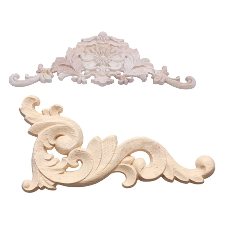 

2X Rubber Wood Carved Applique Retro Furniture Craft Decor, 38X15x1.2Cm & 12X6cm