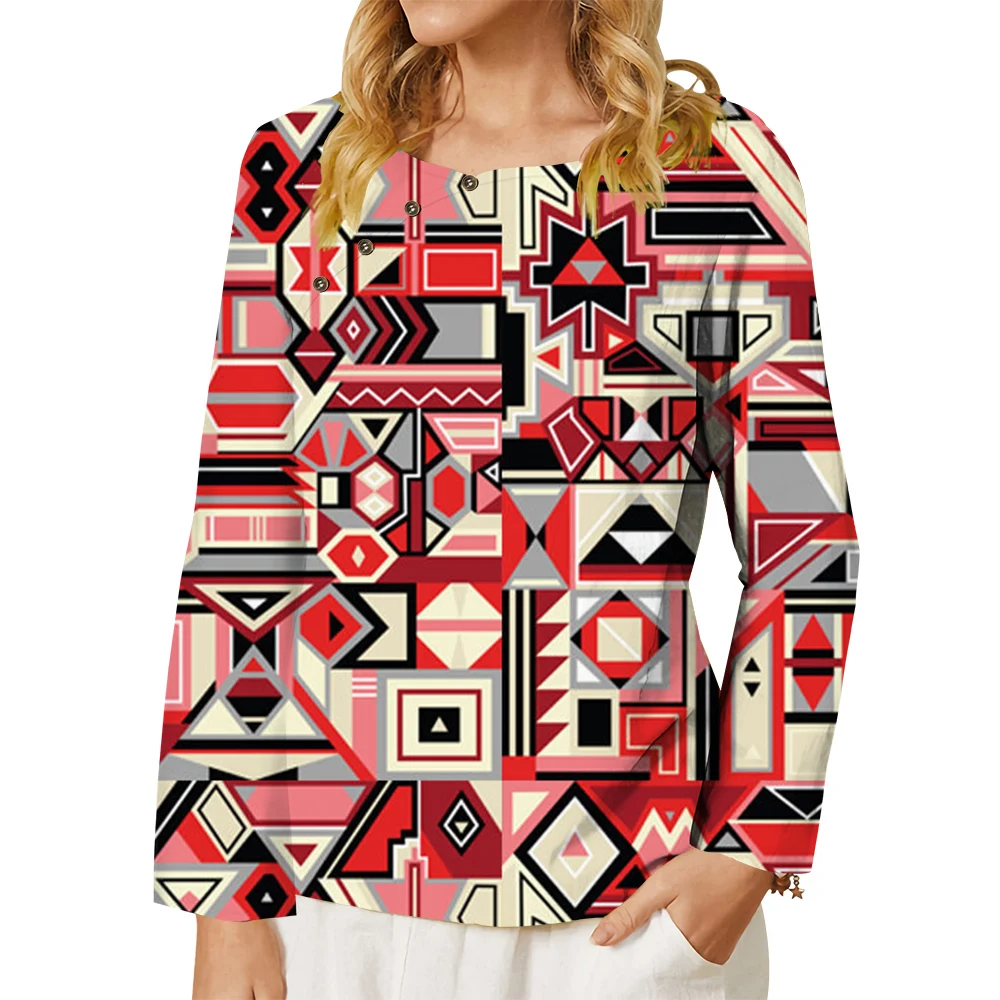 

CLOOCL Fashion Women T-shirt Geometry Printed Shirt Button Decorate Long Sleeve Tee Autumn Oversized Blouse Women Clothing