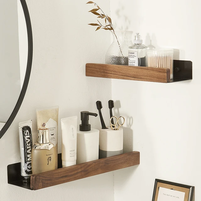 Bathroom Shelf No Drill Organizer Shower Storage Rack Solid Wood Corner  Shelves Wall Mounted Toilet Shampoo Holder