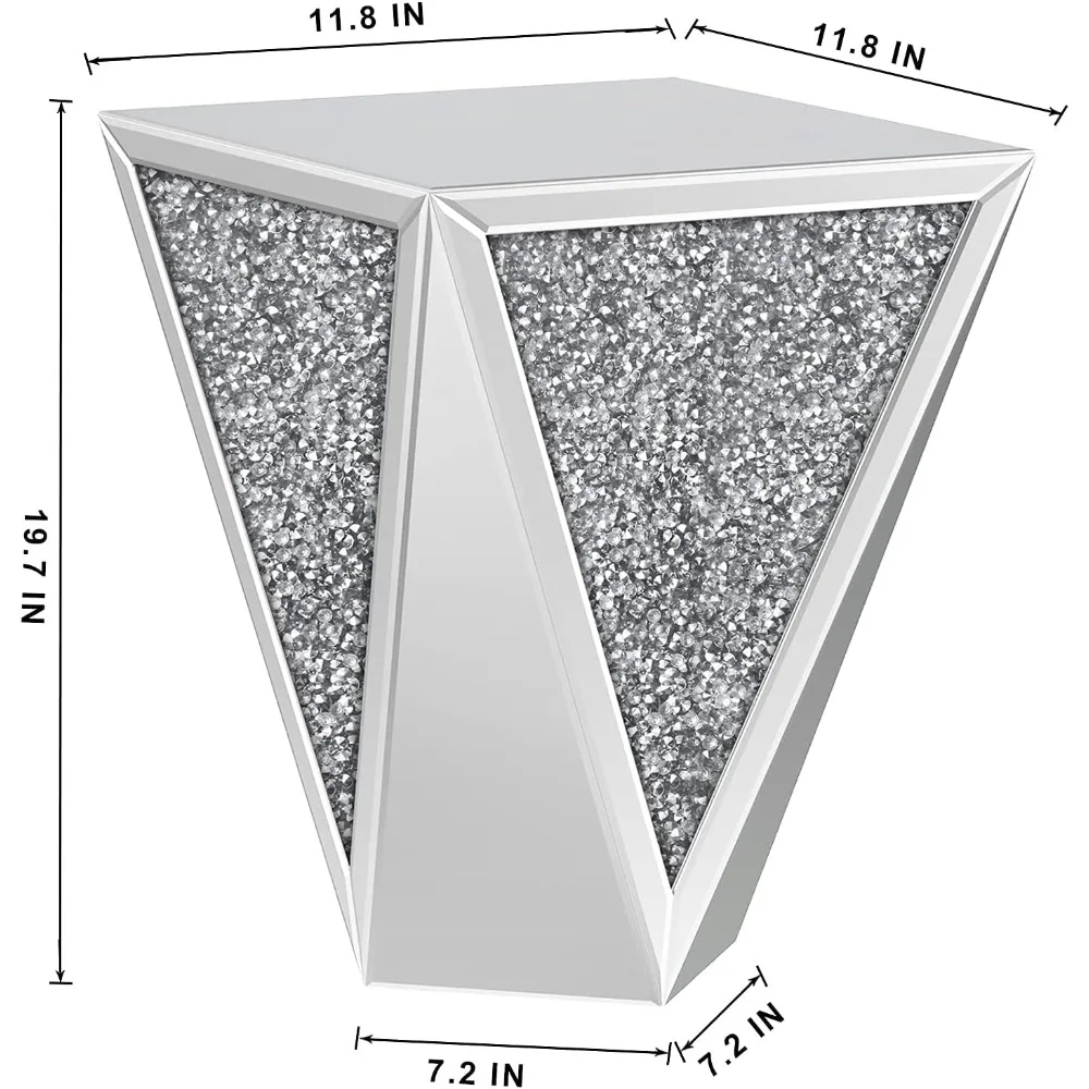 Mirrored End Table Crystal Diamond Setting Coffee Table Silver Glass Side Table Pedestal Stand for Hallway, Living Room, Corner 2