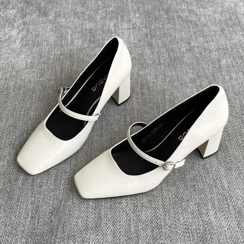 ZZ107 Thick Heel Simple Square Head Leather Mary Jane Small Leather Shoes 2024 Women's New One-word with High Heels Single Shoes 2