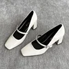 ZZ107 Thick Heel Simple Square Head Leather Mary Jane Small Leather Shoes 2024 Women's New One-word with High Heels Single Shoes 2