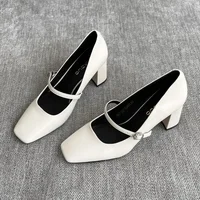 ZZ107 Thick Heel Simple Square Head Leather Mary Jane Small Leather Shoes 2024 Women's New One-word with High Heels Single Shoes 2