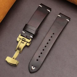 Vintage Oil Wax Leather Watch Band with Butterfly Buckle and Stitching Detail - Classic Cowhide Strap - 22mm (DeepBrown - Gold)