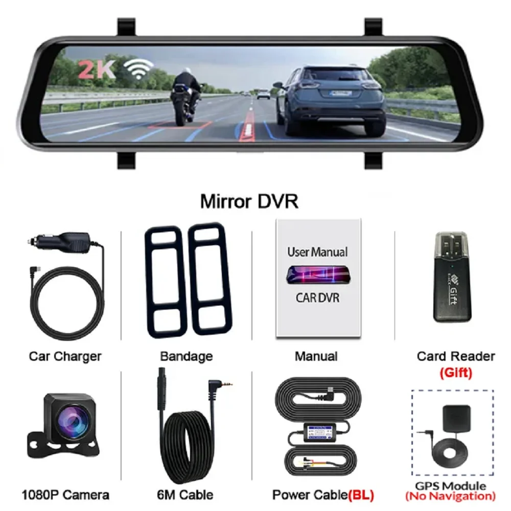차량용 DVR 미러, 차량용 비디오 레코더, 후방 카메라, 지지대 GPS, 야간 투시경, 자동 레코드 대시캠, 듀얼 렌즈, 10 인치, 2K + 1080P