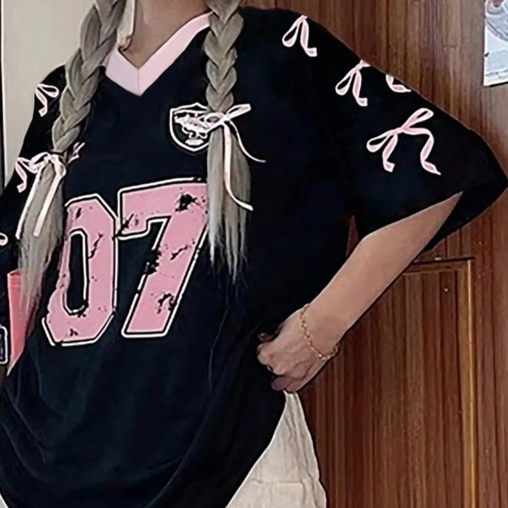 V-neck Sports Tennis T-shirts Teenagers Adolescent Large Size Female Crop Tops Loose American Style Bow Letter Shirt Daily