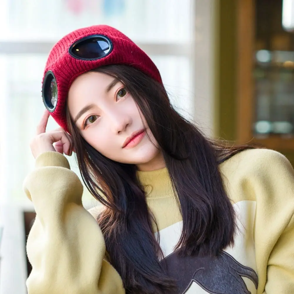 Skullies Caps With Glasses Pullover Cap Pilot Glasses Cap Men Beanie Caps Ski Cap Korean Beanies Knitted Hats Women Wool Caps - 4