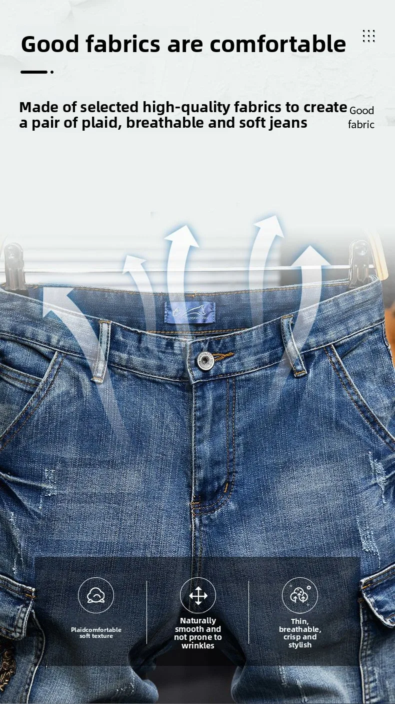 Embroidery Multi-pocket Denim Shorts Men's Pants Large Size Loose Outer Wear Medium Pants Summer Cargo Jeans Denim Short Men